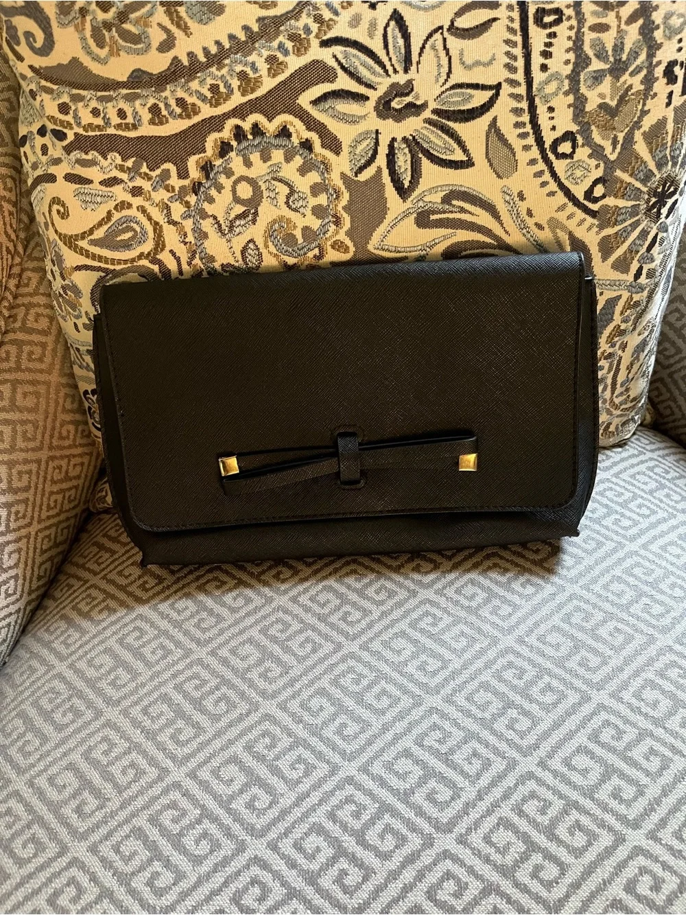 ASOS Black Textured Bow-Accent Clutch with Gold Hardware